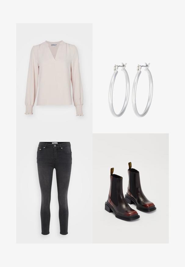 Gaišrozā blūze ar garām piedurknēm, V-veida kakla izgriezumu, savilktām plecu daļām un savīļotiem aprocēm, izgatavota no viegla materiāla. Vienkāršs, elegants dizains.; Melni skinny džinsi, izgatavoti no denima. Iespējama priekšējā pogu aizdare un iešūta kabata jostasvietā. Gluda tekstūra ar minimālu izbalēšanu.; Dr. Martens MAYBOLE CHELSEA - Puszābaki ar platformu - black/cherry red; Sudraba riņķveida auss gredzeni ar gludu, pulētu apdari. Apaļa forma un drošs klikšķa augšējais slēgums. Viegls dizains, kas piemērots ikdienas valkāšanai.