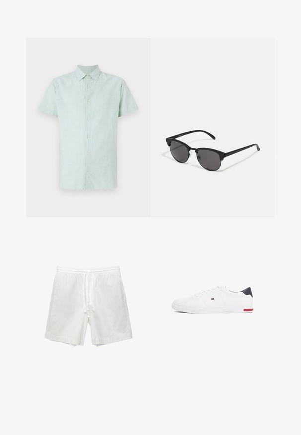 Lichtgroen overhemd met korte mouwen van linnen, met een puntig kraag en een volledige knopenlijst, met een subtiele textuur en rechte onderkant.; Witte katoenen shorts met een elastische tailleband met trekkoord, zijzakken en een rechte snit met afgewerkte zomen.; Witte lage sneakers gemaakt van glad leer. Beschikt over een marineblauwe hielkap en een rode accent op de zool. Zes oogjes voor veters.; Zwarte zonnebril met ronde lenzen, matte afwerking en een kenmerkende cat-eye vorm. Slanke armen met subtiele branding op de linkertempel.