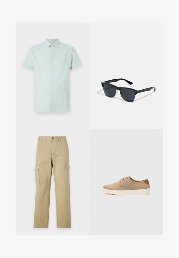 Gai zaļš īsām piedurknēm krekls, izgatavots no lina, ar norādītu apkakli un pilnu pogu priekšpusi, ar smalku faktūru un taisnu apakšu.; Beige kravas bikses no kokvilnas, kas aprīkotas ar divām sānu kabatām, pogu aizdari un taisnām kājām ar nedaudz teksturētu audumu.; Beige zamšādas kedas ar noapaļotu purngala daļu, auklēm saplacinātu priekšpusi un teksturētu aizmugures akcentu. Balta gumijas zole nodrošina kontrastu. Vienkāršs un mūsdienīgs dizains.; Melnas saulesbrilles ar taisnstūra formu, tumšiem stenģiem, sudraba akcentiem pie tempļiem un matētu apdari uz rāmja.