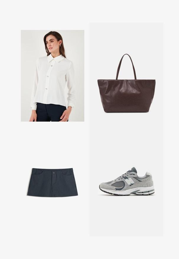 White long-sleeve blouse with a pointed collar, featuring five decorative buttons down the front and buttoned cuffs. Smooth, lightweight fabric.; Navy blue pinstripe mini skirt with front pockets and a single button closure at the waist.; Gray sneaker with mesh and suede materials, featuring a white logo, padded collar, and textured rubber sole. Accents in darker gray.; Brown woven leather tote bag with two handles, a structured shape, and a textured surface, featuring a diamond pattern throughout.