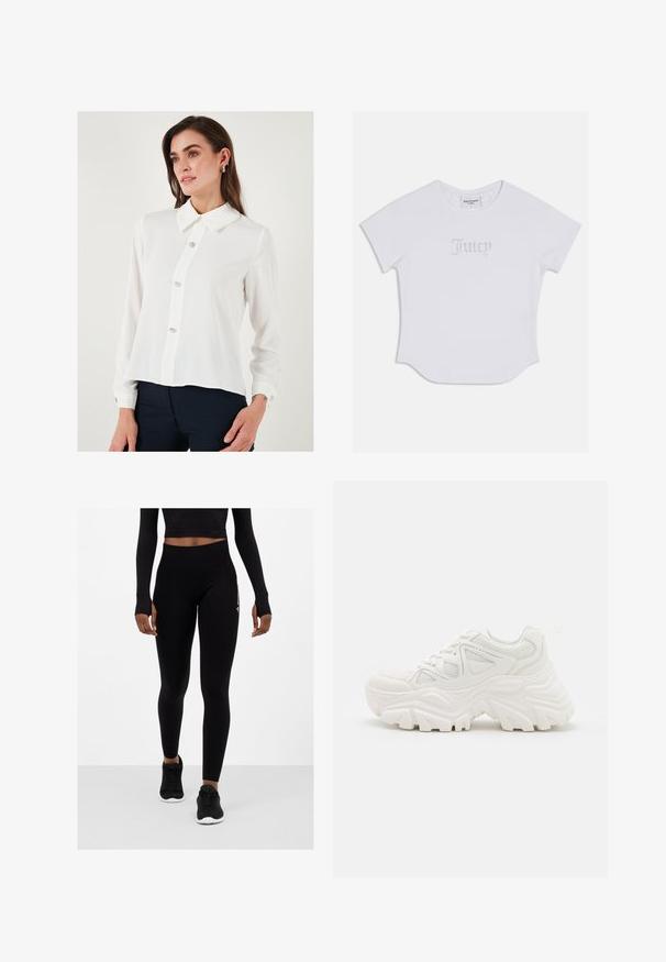 Weiße Bluse mit langen Ärmeln und spitzem Kragen, ausgestattet mit fünf dekorativen Knöpfen entlang der Vorderseite und geknöpften Manschetten. Aus glattem, leichtem Stoff.; Weißes T-Shirt mit kurzen Ärmeln und abgerundetem Saum, mit "Juicy" in Kristallverzierungen auf der Vorderseite. Aus weichem Baumwollmaterial.; Schwarze Leggings mit hohem Bund, strukturiertem Stoff und enger Passform, kombiniert mit schwarzen Sportschuhen. Der obere Teil ist teilweise von einem Crop-Top bedeckt.; Weiße klobige Sneakers mit strukturiertem Obermaterial, Mesh-Einsätzen und dicken Gummisohlen mit markantem Profil. Inklusive Schnürsenkeln und Zuglasche.