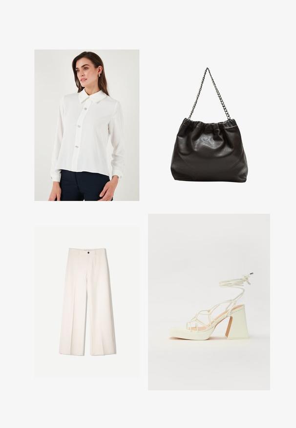 Valkoinen pitkähihaisa paita, jossa on terävä kaulus. Edessä on viisi koristeellista nappia ja nappikiinnitteiset hihakäänteet. Pehmeä, kevyt kangas.; Kerman leveletut housut räätälöidyllä designilla, joissa on kaksi etutaskua ja yksi etunapituksilla, valmistettu sileästä kankaasta.; Valkoinen korkokenkä, jossa on paksu korko, ja joka sisältää nauhakiinnityksen ja nilkkaketjun. Sujuva pinta, jossa on platform-etupohja lisäkorkeutta varten.; Ruskea nahkainen laukku, jossa on kerätty yläosa ja ketjuhihna. Tasainen pinta, jossa kiiltävä viimeistely ja hienovaraiset sauman yksityiskohdat sivuilla.
