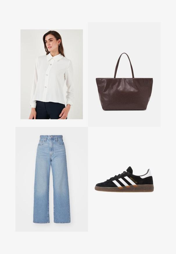 Balta garā piedurkņu blūze ar norādītu apkakli, ar pieciem dekoratīviem pogām priekšpusē un pogājamām apkaklēm. Gluda, viegla auduma.; Gaiši zili augstās jostas vidukļa platās bikses ar priekšējo pogu un rāvējslēdzēju, priekšējām un aizmugurējām kabatām uz baltā fona.; Melnas Adidas sporta kurpes ar baltām svītrām, zelta "Spezial" uzrakstu, gumijas zoli un baltu papēža daļu, attēlotas profila skatījumā.; Brūna austs ādas rokassoma ar divām rokturiem, strukturētu formu un teksturētu virsmu, ar diagonālu rakstu visā virsmā.