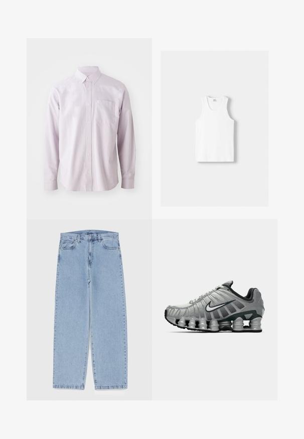 Cămașă lungă cu mânecă, de culoare violet deschis, confecționată din bumbac, având un buzunar pe piept și un guler clasic cu nasturi albi.; Top din bumbac alb, cu decolteu rotund, bretele late și margine dreaptă, având o textură fină și fără modele vizibile.; Jeans din denim de culoare albastru deschis, cu un design cu picioare drepte, având talie medie, cinci buzunare și un sistem de închidere cu nasture și fermoar.; Adidas de alergare gri și negru, cu amortizare vizibilă sub talpă, asemănătoare unui arc, și un logo swoosh alb pe lateral.
