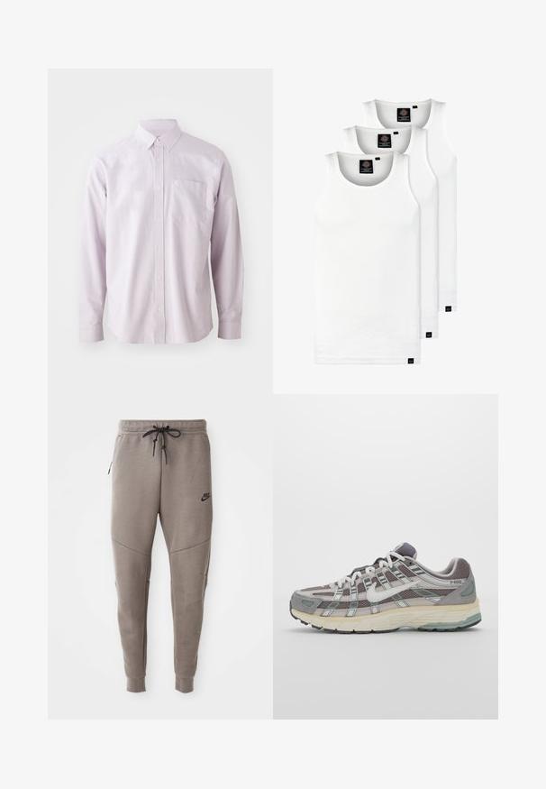 Lys lilla langærmet skjorte med knapper lavet af bomuld, med en brystlomme og en klassisk krave med hvide knapper.; Tre hvide ribbede tanktops lavet af bomuld. Har en rund hals og små sorte mærker nær sømmen. Fås i flere størrelser.; Grå Nike joggingbukser med snoretræk i taljen, tapered ben, sidelommer og markante sømdetaljer. Blødt, struktureret stof.; Grå sportssko med overdel i mesh og ruskind, hvide accenter, en polstret sål og et særpræget design med reflekterende elementer.