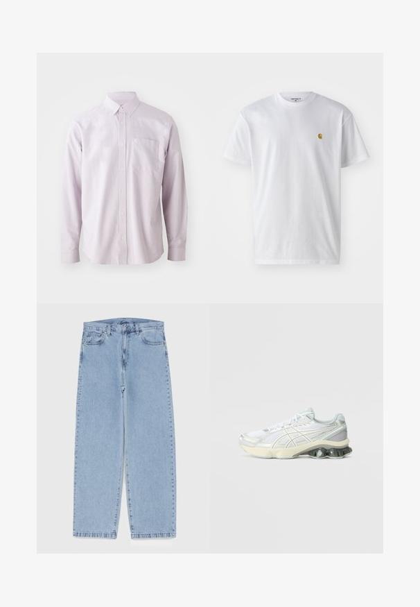 Jasnofioletowa koszula z długimi rękawami z guzikami, wykonana z bawełny, z kieszonką na piersi i klasycznym kołnierzykiem z białymi guzikami.; Biała bawełniana koszulka z krótkim rękawem, okrągłym dekoltem, z małym złotym logo na lewej części klatki piersiowej. Miękka textura i regularny krój.; Jasnoniebieskie dżinsy o prostym kroju nogawki, z średnim stanem, pięcioma kieszeniami oraz zapięciem na guzik i zamek błyskawiczny.; Białe buty sportowe z siateczkową cholewką, srebrnymi akcentami i grubą, amortyzowaną podeszwą z zaokrąglonymi kolcami dla wsparcia i elastyczności.