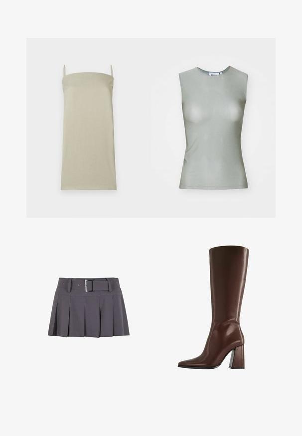 Hellbeiges Camisole-Oberteil mit dünnen Trägern, aus einem strukturierten Stoff gefertigt. Gerades Schnittdesign ohne Muster oder zusätzliche Akzente.; Ärmelloses, hellgrünes Oberteil aus glattem Stoff, mit hohem Kragen und taillierter Silhouette. Keine sichtbaren Beschläge oder Muster.; Grauer plissierter Minirock mit glatter Textur, ausgestattet mit einem breiten Bund, Gürtelschlaufen und einem rechteckigen Detail in Silber mit Schnalle.; Brauner kniehoher Lederstiefel mit spitzer Zehe und klobigem mittelhohem Absatz, Seitenansicht vor weißem Hintergrund.