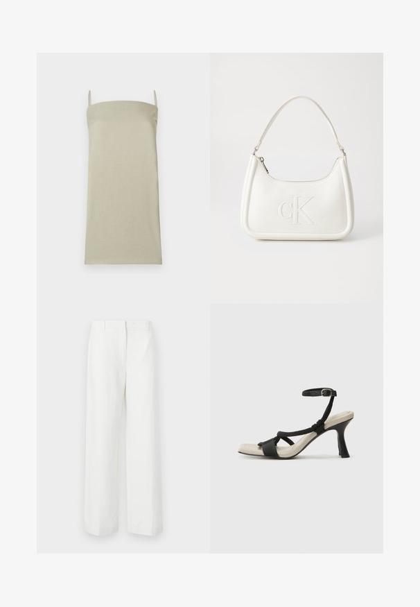 Haut caraco beige clair à fines bretelles, en tissu texturé. Coupe droite sans motifs ni accents supplémentaires.; Pantalons blancs à jambes larges avec une texture lisse, présentant un devant plat et des plis marqués. Fabriqués en tissu léger, sans motifs visibles.; Sandale à talon noir avec un design de brides tressées, bout carré et bride de cheville réglable. Semelle intérieure beige claire avec un talon noir brillant.; Sac à main en cuir blanc avec une forme courbée, arborant un logo "CK" embossé à l'avant et une seule bandoulière. Fermeture à glissière en haut.
