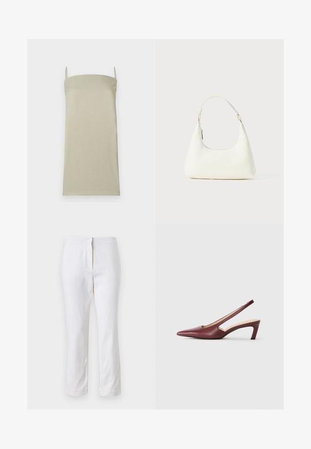 Šviesiai smėlio spalvos liemenėlė su plonomis petnešėlėmis, pagaminta iš tekstūruotos medžiagos. Tiesaus kirpimo, be raštų ar papildomų detalių.; Balti medvilniniai kelnių su tiesiu kojų dizainu, turintys vidutinį liemenį ir be matomų detalių ar raštų. Lygi tekstūra visame paviršiuje.; Burgundiškai raudoni slingback aukštakulniai bateliai su smailiu pirštu, išpjovimais šonuose ir vidutinio aukščio blokiniu kulnu. Lygus odos paviršius.; Maža balta peties rankinė su viena reguliuojama juostele ir užtrauktuko uždarymu, išdėstyta ant vientiso balto fono.
