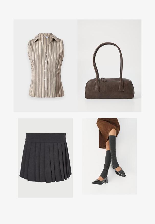 Kurtka bez rękawów z kołnierzykiem w kolorze tan z białymi pionowymi paskami. Posiada guziki z przodu oraz dopasowany krój. Teksturowany, lekki materiał.; Szara spódnica plisowana z płaskim pasem i zapięciem na zamek, wykonana z teksturowanej tkaniny, z równomiernie rozmieszczonymi głębokimi plisami.; Czarne lakierowane buty na szpilce z prostokątnym obcasem i paskiem na kostce, zestawione z szarymi prążkowanymi ocieplaczami na nogi oraz brązową zamszową spódnicą.; Brązowa skórzana torebka na ramię z dwoma solidnymi uchwytami, prostokątny kształt, gładka faktura i zamek błyskawiczny. Minimalistyczny design bez widocznych wzorów.