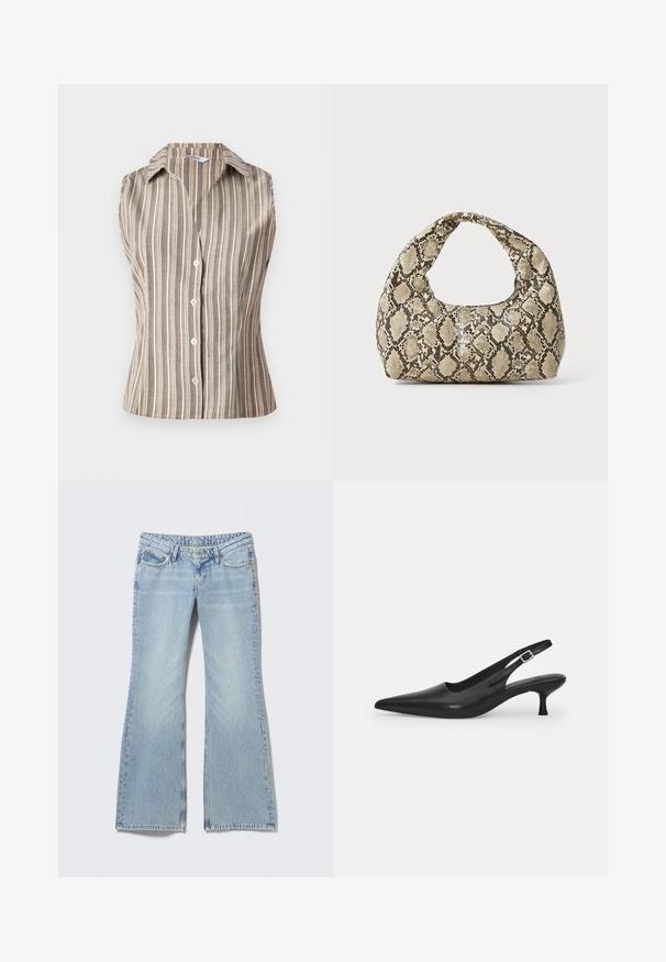 Sleeveless, collared shirt in tan with white vertical stripes. Features front buttons and a fitted design. Textured, lightweight fabric.; Light blue flared jeans with a faded finish, five-pocket design, and contrasting stitching. Cotton denim with a smooth texture.; Black leather slingback shoe with a pointed toe and a slim, curved heel. Features a discrete adjustable strap with a metal buckle.; Snake-print handbag with a curved handle. Made from textured, beige and brown materials, featuring a distinctive diamond pattern.