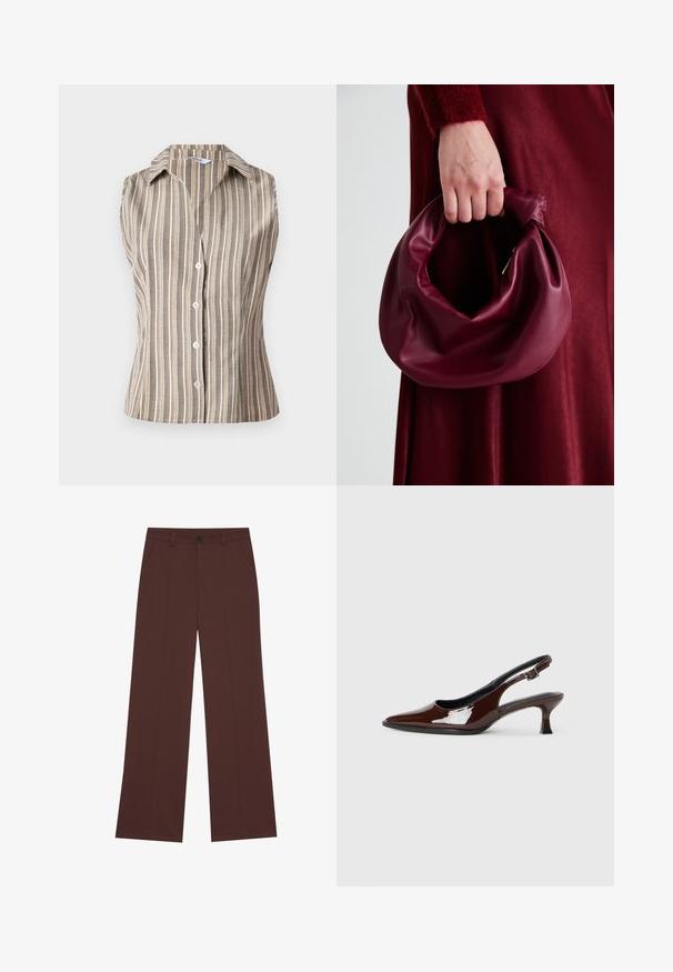 Sleeveless, collared shirt in tan with white vertical stripes. Features front buttons and a fitted design. Textured, lightweight fabric.; Wide-leg trousers in a rich brown fabric. Features a button closure, two front pockets, smooth texture, and clean lines.; Brown patent leather slingback shoe with a pointed toe and a moderate heel. Features a buckle strap for secure fit. Smooth texture.; Burgundy leather handbag with a soft, gathered design and a rounded shape. The handle is secured, showcasing a smooth texture.