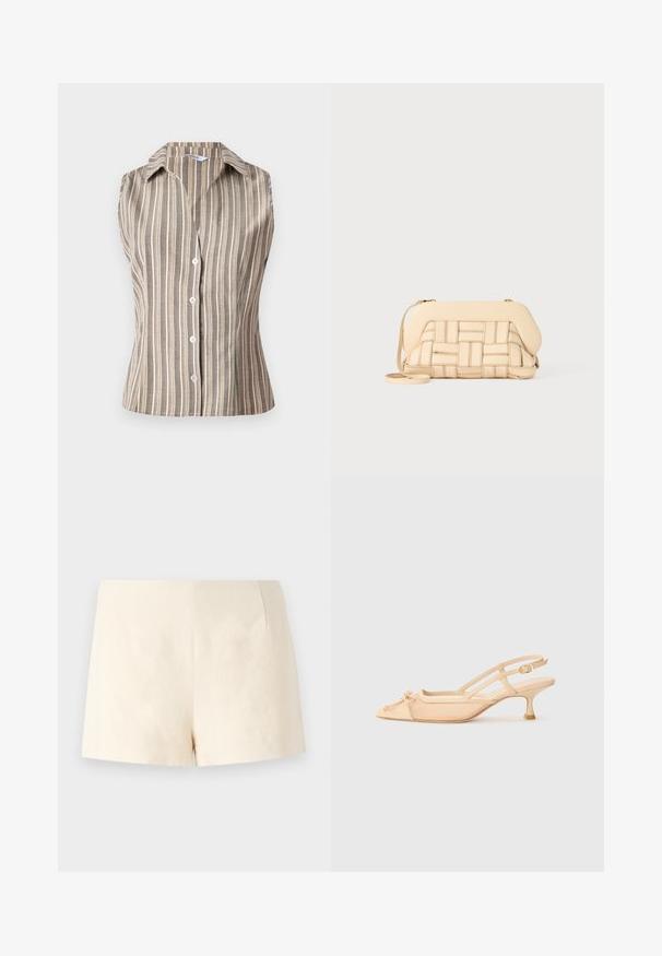Camicetta senza maniche con colletto, di colore beige con righe verticali bianche. Presenta bottoni frontali e un design aderente. Tessuto leggero e testurizzato.; Shorts beige su misura realizzati in tessuto leggero, caratterizzati da una texture liscia, linee pulite e senza chiusure o tasche visibili.; Stuart Weitzman KITTY - Decolleté - beige/barely beige; Borsa beige intrecciata con un design strutturato, dotata di una parte superiore liscia e di una lunga tracolla. I dettagli testurizzati arricchiscono l'aspetto complessivo.