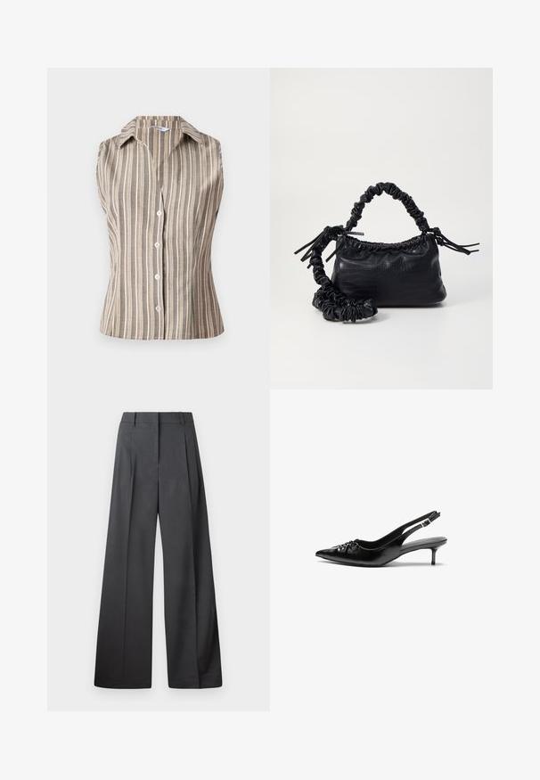 Camisa sin mangas de color marrón claro con rayas verticales blancas. Presenta botones en el frente y un diseño ajustado. Tejido texturizado y ligero.; Pantalones de pierna ancha en tejido gris oscuro, con una cintura alta, pliegues simples y una textura suave con un acabado limpio en los dobladillos.; Tacones slingback de cuero negro con punta afilada, pequeño tacón kitten y un detalle de nudo decorativo en la parte frontal. Textura suave en toda la superficie.; Bolso de mano de imitación cuero negro con textura de cocodrilo, parte superior fruncida y correa arrugada. Presenta un diseño suave y compacto.
