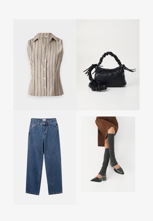 Sleeveless, collared shirt in tan with white vertical stripes. Features front buttons and a fitted design. Textured, lightweight fabric.; Classic blue denim jeans with a straight-leg design, five pockets, and a button closure. Features a medium wash and sturdy texture.; Black patent leather pointed-toe shoes with a block heel and ankle strap, paired with gray ribbed leg warmers and a brown suede skirt.; Black faux leather handbag with a crocodile texture, cinched top, and a scrunched strap. Appears soft and compact in design.