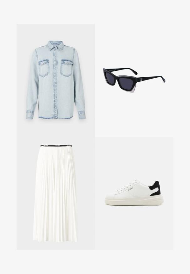 Svetlomodrá denimová košeľa s špicatým golierom, zapínaním na gombíky a dvoma vreckami na hrudi. Obsahuje prešité detaily a mierne rozstrapkaný lem.; Plisovaná biela sukňa s čiernym elastickým pásom s logom "LACOSTE". Sukňa je stredne dlhá a má mäkkú textúru.; Biele kožené tenisky s hrubou bielou podrážkou, čiernym zamekom na päte a vyrazeným logom na boku. Šnurovací dizajn so šiestimi očkami.; Čierne oversized slnečné okuliare s geometrickým tvarom, s tmavými šošovkami a kontrastným šedým detailom na ráme. Logo na mostíku.