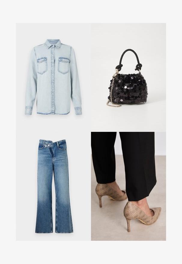 Lyseblå denimskjorte med spiss krage, knappestolpe og to brystlommer. Har sømdetaljer og en litt frynsete kant.; Hvit langermet bodysuit med rund halslinning. Har "GUESS"-logo og "EST.1981" trykt i svart på forsiden. Glatt tekstur.; Lyseblå denim flared jeans med høy midje, med to knapper og frontlommer. Stoffet har en falmet tekstur med subtile variasjoner.; Beige høyhælte sko med teksturert stoff som har et gjentatt mønster. Spiss tådesign med bakdetalj og gullhelsjekk.; Svart paljettmini-veske med en knyttet teksturert stropp og sølvkjede. Rund form med samlet topp og reflekterende detaljer.