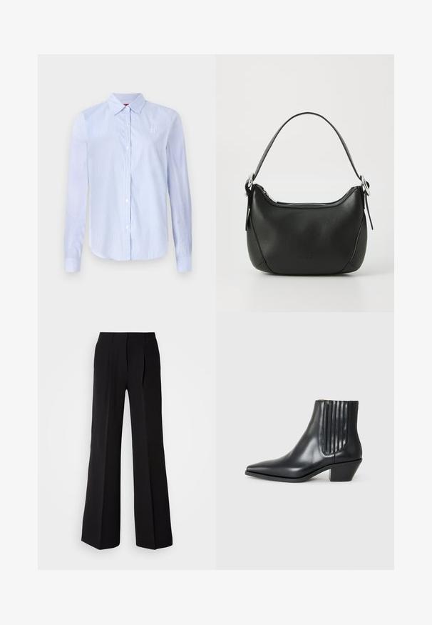 Light blue and white striped button-up shirt with long sleeves, a collar, and subtle logo embroidery on the chest. Smooth texture.; Black trousers made of smooth fabric, featuring a high waist, wide-leg silhouette, and two front pleats for added design detail.; Black leather ankle boot with pointed toe, elastic side panels with vertical grooves, and a low block heel. Smooth texture and sleek design.; Black leather handbag with a curved shape, silver zipper, and a short handle. Features a subtle logo on the front and smooth texture.