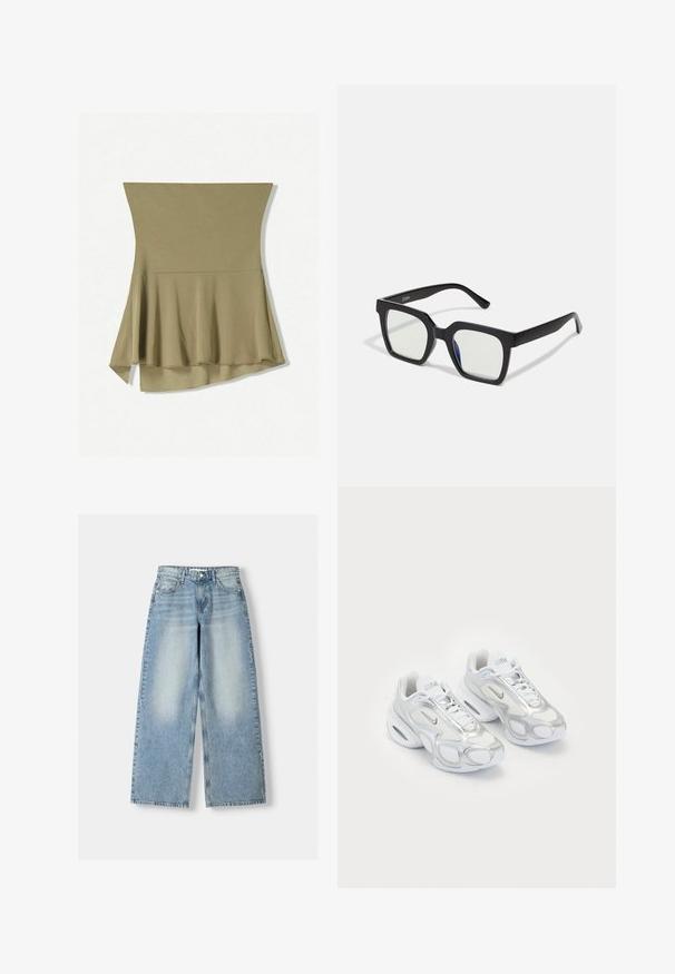 Olíva zöld, ujjatlan felső, amely fodros kialakítású, hátul hosszabb fazonnal. Puha, rugalmas anyagból készült, sima textúrával.; Világoskék, széles szárú, magas derekú farmernadrág, enyhén kopott hatással, öt zsebbel és egyenes szabással.; Fehér sportcipők hálós felsőrésszel, ezüst részletekkel, különleges formával és lég párnázással a sarkában. Fűzős dizájn logóval.; Fekete négyzet alakú napszemüveg matt felülettel, átlátszó lencsékkel, az egyik oldalon enyhe kékes árnyalattal. Robusztus, szögletes dizájn.; Barna lakkbőr kézitáska, téglalap alakú, két hosszú fogantyúval és finom ívelt díszítéssel az elején.