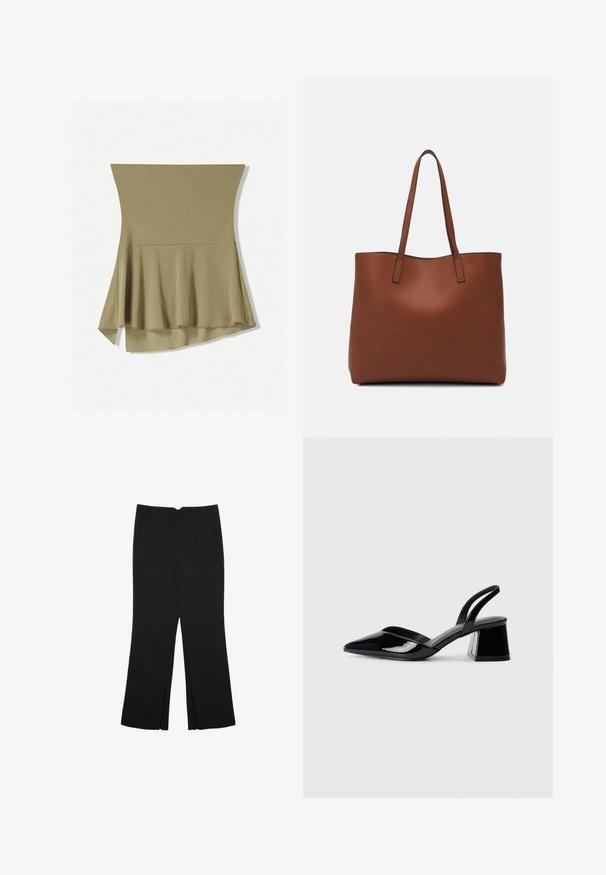 Olivově zelený bezramenný top s rozšířeným designem, s delším zadním lemem. Vyrobeno z jemné, elastické tkaniny s hladkou strukturou.; Černé kalhoty s rovným střihem, s předními kapsami a bočními rozparky na lemu. Vyrobené z jemné, hladké tkaniny. Vhodné na různé příležitosti.; Černé lakované kožené lodičky na pásku s špičatou špičkou a geometrickým blokovým podpatkem. Vyznačují se elegantním, minimalistickým designem a hladkým povrchem.; Hnědá kožená taška přes rameno s hladkou texturou, otevřeným designem a dvěma ramenními popruhy. Obsahuje minimální švy a žádné viditelné kovové prvky.