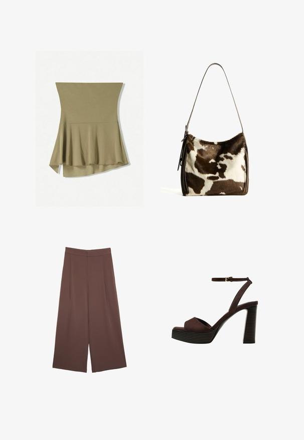 Olivno zeleni brezrokavni top z razširjenim dizajnom, ki ima daljši hrbtni rob. Narejen iz mehkega, raztegljivega materiala z gladko teksturo.; Rjave široke hlače z gladko teksturo, ki imajo visok pas in sprednje naborke. Tkanina je lahka in prosto pada.; Rjave semiš sandale z visoko peto, odprto spredaj, z nastavljivim gležnjenjem in črtastim podplatom.; Rjav in krem torba iz kravjega usnja s gladkim usnjenim trakom, z zadrgo in mehko, strukturo površino, ki prikazuje naravni vzorec.