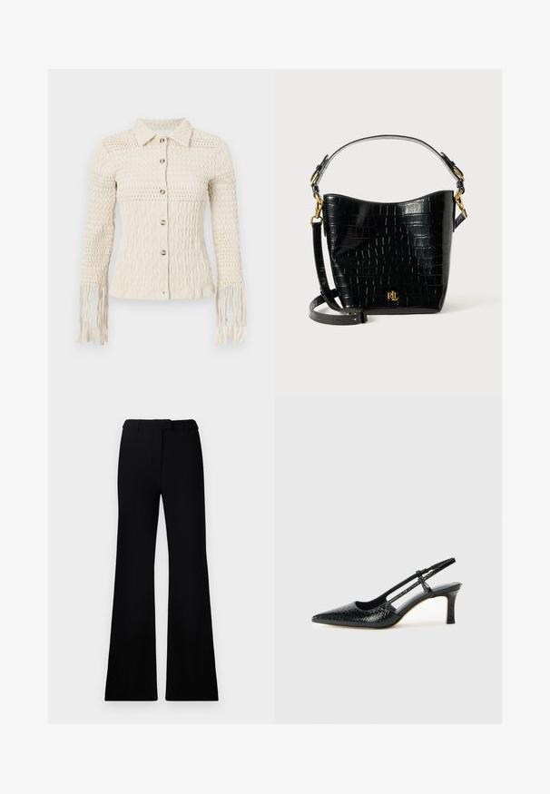 Nėriniuota kreminės spalvos marškinėliai su tekstūruotu raštu, galu ir su frakcinėmis rankovėmis. Savybė - metaliniai mygtukai ir prigludęs siluetas.; Juodos platėjančios kelnės su lygiu paviršiumi, pritaikyta juosmeniu ir priekinių kišenių dizainu, sukurtos su modernia, elegantiška siluetu.; Juodai lakuoti slingback aukštakulniai su smailiu nosiu, su tekstūruotu gyvatės raštu, reguliuojama juosta ir trumpu, tekstūruotu blokiniu kulnu.; Juodas krokodilo rašto odinis krepšys su lenkta forma, auksiniais aksesuarais, reguliuojama juosta ir logotipo detale priekyje.