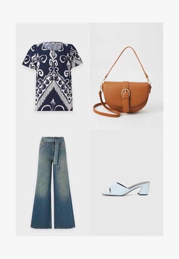 Tumši zila blūze ar baltu abstraktu ziedu un ģeometrisku rakstu. Apaļa kakla izgriezums, īsas piedurknes, mīksts audums ar nedaudz teksturētu apdari.; Platām kājām džinsu bikses ar gaismas līdz tumši zilam gradientam, augstu jostas līniju, jostas cilpām un atbilstošu auduma jostu. Tekstūrēts džinsas apdare.; Gaiši zilas atvērtā purngala papēžu mūlas ar ģeometrisku dizainu, kas ietver platu siksnu pāri pēdai un masīvu, stūrainu papēdi.; Brūns ādas plecu soma ar izliekta formu, zelta piederumiem un sprādzes akcentu. Iesaiņota ar noņemamu plecu siksnu.