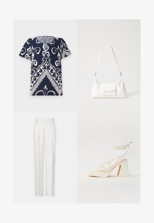 Top azul-marinho com padrão abstrato floral e geométrico branco. Decote redondo, mangas curtas, tecido macio com um acabamento ligeiramente texturizado.; Calças brancas com riscas verticais e um design de perna reta, feitas de um tecido leve. Apresentam pregas na frente e uma cintura tradicional.; Sandálias brancas de salto alto com um salto robusto, apresentando um design com tiras e amarração no tornozelo. Textura suave com uma plataforma na frente para altura adicional.; Mala sintética branca com formato triangular, aba frontal plana e detalhe de laço, alça ajustável, textura suave e design minimalista.