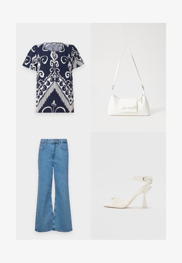 Marineblauw top met witte abstracte bloemen- en geometrische patronen. Ronde halslijn, korte mouwen, zachte stof met een licht gestructureerde afwerking.; Lichtblauwe flared jeans van denim, met een hoge taille, vijf zakken en een enkele knoopsluiting. Zachte textuur met een vervaagde afwerking.; Strappy hoge hak sandaal in wit leer met een slank ontwerp, een transparante blokhak en een decoratief element bij de teen.; Witte synthetische handtas met een driehoekige vorm, platte voorklep en strikdetail, verstelbare schouderriem, gladde textuur en minimalistisch ontwerp.