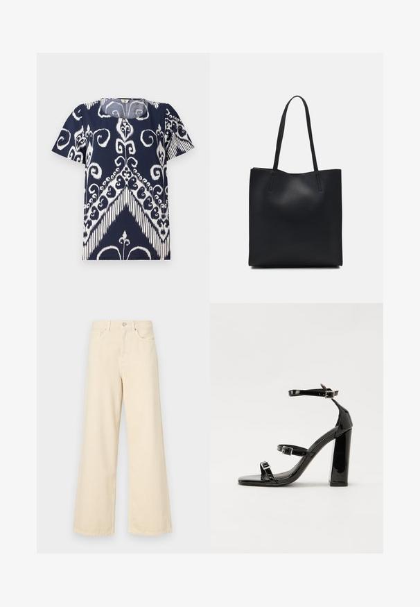Modra bluzica s temno modrim osnovnim tonom in belim abstraktnim cvetličnim ter geometrijskim vzorcem. Krožno izrezan ovratnik, kratki rokavi, mehak material z rahlo teksturirano površino.; Bež jeans širokega kroja iz bombaža. Imajo gumbno zapiranje, zanke za pas in sprednje žepe ter gladko, mehko teksturo.; Črne lakirane sandale s peto, kvadratnim prstom, trakovi okrog gležnja in srebrnimi zaponkami. Opremljene so s stabilno Debelo peto.; Črna usnjena torba s svilnato teksturo, pravokotne oblike in dvema dolgima ročajema. Brez vidnih metalnih delov ali okrasnih elementov.