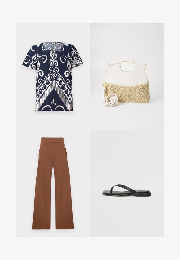 Námorně modrý top s bílým abstraktním květinovým a geometrickým vzorem. Kulatý výstřih, krátké rukávy, měkká látka s mírně texturovaným povrchem.; Hnědé kalhoty širokého střihu vyrobené z hladkého, elastického materiálu. Mají vysoký pas a boční kapsy, navržené pro volný střih.; Černé žabky vyrobené z hladké kůže, s tenkým designem popruhu a plochou podrážkou s minimálním profilem. Žádné výrazné vzory ani akcenty.; Bílá kožená kabelka s texturovaným krémovým tkaným dnem. Obsahuje zlatou rukojeť a stočený bílý popruh pro variabilitu.