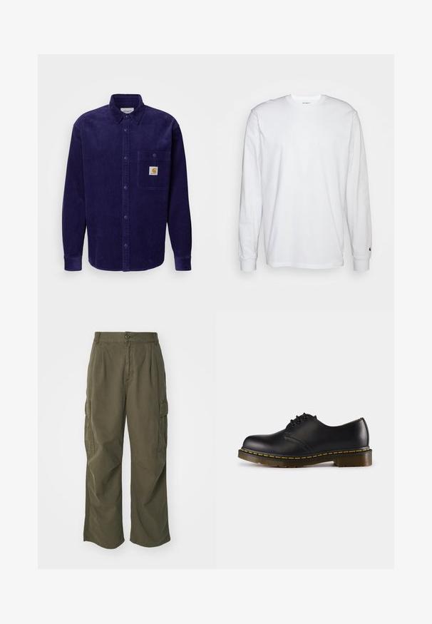 Carhartt WIP FLINT SHIRT - Skjorta - aura rinsed; Vit långärmad T-shirt i bomull. Rundhalsdesign med ribbad mudd och en liten logotyp på vänster ärm. Slät textur.; Cargo-byxor i olivgrön, tillverkade av bomull, med vid bendesign, veck och sidofickor för funktion.; Svart lädersko med rund tå, snörningsdesign, gula stygn längs sulan och en kraftig, texturerad gummisula.