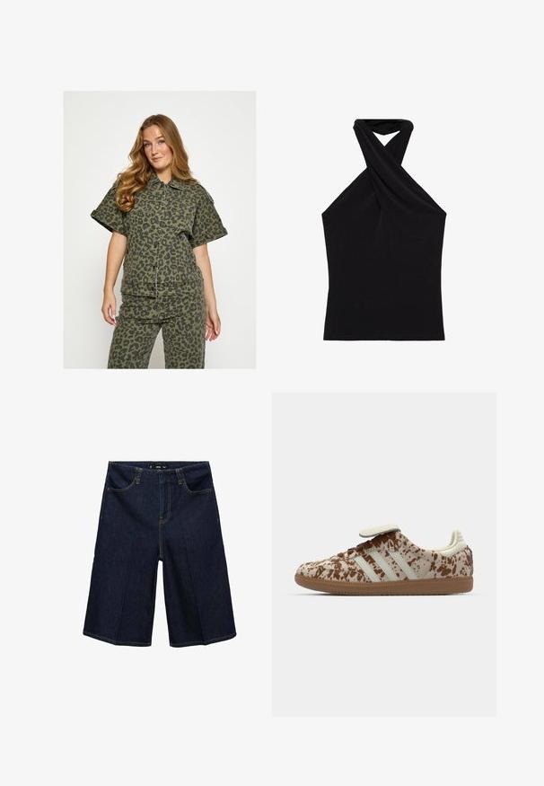 Chemise verte à imprimé léopard avec un col à revers, des manches courtes et une fermeture à boutons sur le devant, fabriquée en tissu texturé.; Haut noir à col halter en tissu lisse, avec un design de décolleté torsadé et une silhouette ajustée. Pas de motifs ni de matériel visible.; Bermudas en denim bleu foncé avec une coupe décontractée, dotées de deux poches avant, de coutures jaunes et d'une taille avec passants de ceinture.; Baskets avec un motif beige et marron moucheté, dotées de trois bandes blanches, d'une sangle velcro et d'une semelle en caoutchouc marron.