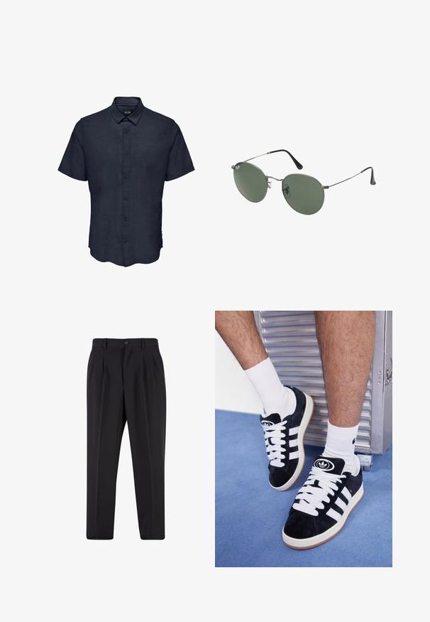 Only & Sons ONSCAIDEN - Cămașă - night sky; Pantaloni negri cu un design față plisată, fabricați dintr-un material neted. Prezintă un închidere cu nasture și brâuri; croială dreptă.; Adidași negri din suede cu șireturi albe și trei dungi albe. Au un logo circular negru pe limbă și o talpă din cauciuc de tip gumă.; Ochelari de soare cu ramă metalică, dotati cu lentile ovale verzi. Ramă subțire din metal argintiu și ușițe negre. Design minimalist, fără logo-uri vizibile.
