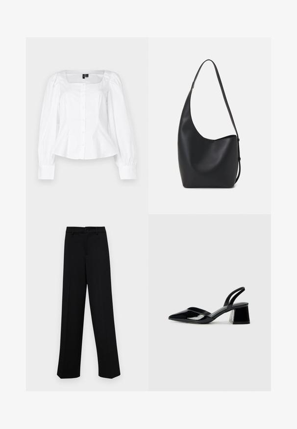 White blouse with a square neckline, button front, long puff sleeves, and a fitted waist. Made of smooth fabric with a slight sheen.; Black wide-leg trousers made of smooth fabric, featuring a classic waistband with a button closure and front pleats.; Black patent leather slingback heels with a pointed toe and a geometric block heel. Features a sleek, minimal design and smooth texture.; Black leather hobo bag with a smooth texture, curved shape, and single adjustable strap; features a wide opening at the top.