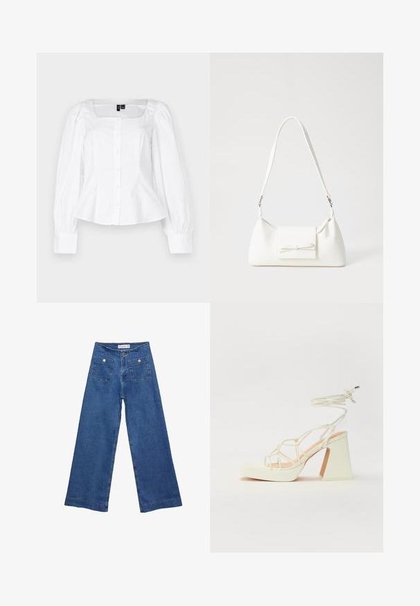 Bela bluzica s kvadratnim izrezom, gumbnim zapiranjem, dolgimi pufastimi rokavi in oprijetim pasom. Narejena iz gladkega materiala z rahlim sijajem.; Jeans širokih nogavic iz denima z medenim modrim pranjem, dvema sprednjima žepoma z gumbnimi zaprtji in šivanjem ob robovih.; Bela sandala na visokih petah s debelim petam, ki ima obliko trakcev in vezanje okoli gležnja. Gladka tekstura z platformo spredaj za dodatno višino.; Bela sintetična torbica v obliki trikotnika, z ravnim sprednjim poklopcem in detajlom mašne, nastavljivim trakom, gladko teksturo in minimalističnim dizajnom.