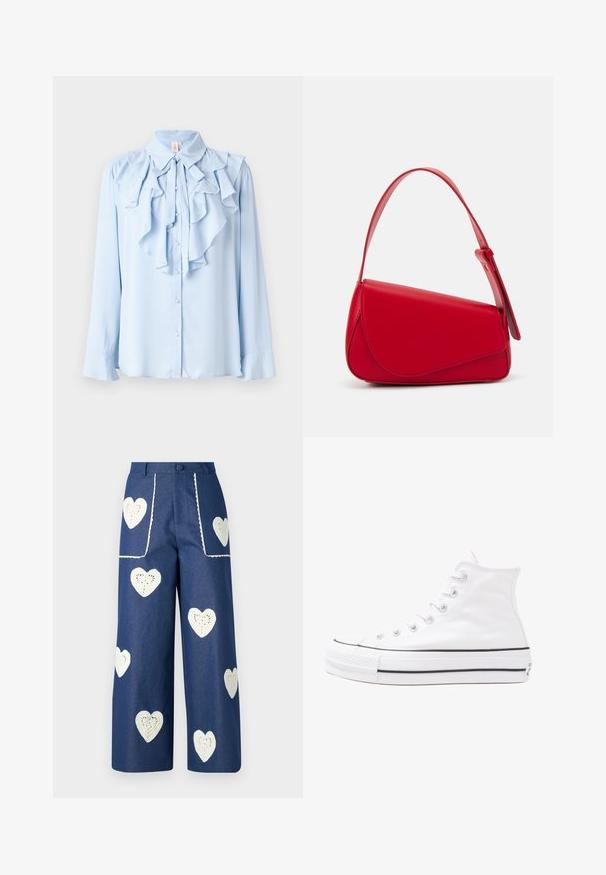 Lys blå langermet bluse med volangdesign langs kragen og frontåpningen, med knappefester og myk tekstur.; Sister Jane HEART TO HEART - Jeans straight leg - blue denim; Hvit høy-skinn kanvas sneakers med svart gummisåle, gummitåhette foran og seks hull for snorer, med et rent, minimalistisk design.; Rød lærveske med en vinklet, geometrisk design. Har en enkelt justerbar stropp og en klaffelukking med sydd detaljer.