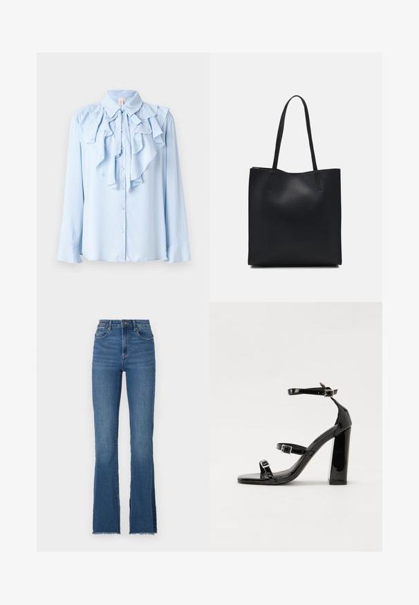 Blusa de manga longa azul claro com um design franzido ao longo do colarinho e da paleta frontal, apresentando fechos de botão e uma textura de tecido suave.; Jeans de ganga azul flare com uma cintura alta, apresentando uma bainha desfiada e um design de cinco bolsos. Textura suave com desbotamento subtil.; Sandálias de tacão preto laqueadas com bico quadrado, tiras para o tornozelo e fivelas prateadas. Apresentam um salto bloco chunky para estabilidade.; Bolsa tote preta em couro com textura lisa, forma retangular e duas alças longas. Sem hardware ou enfeites visíveis.