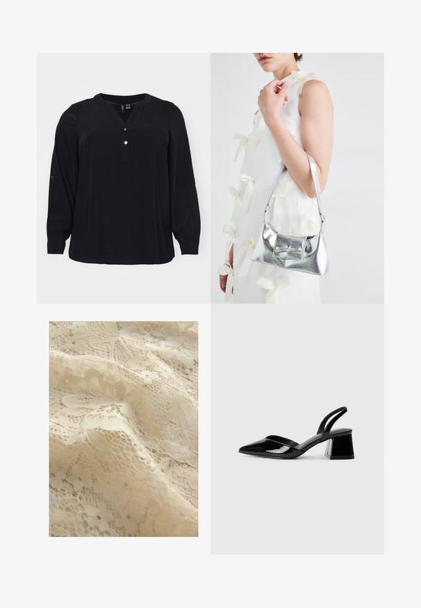 Čierna blúzka z ľahkého materiálu s výstrihom do V a tromi zlatými gombíkmi. Dlhé rukávy so gombíkovými detailmi na manžetách.; Jemná béžová čipková tkanina s kvetinovými vzormi a zložitými detailmi, s textúrovaným povrchom a plynulým, mäkkým vzhľadom.; Čierne lakované kožené sandálové podpätky s špicatou špičkou a geometrickým blokovým podpätkom. Disponujú elegantným, minimalistickým dizajnom a hladkým povrchom.; Strieborná metalická kabelka so štruktúrovaným tvarom, ktorá má hornú rukoväť a mašľu na prednej strane. Hladká textúra, reflexný povrch.