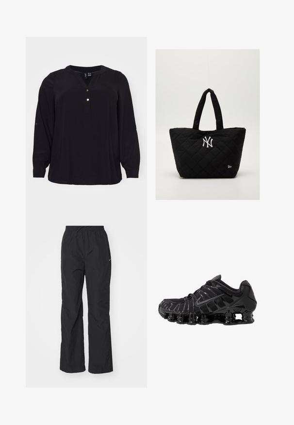 Melnā blūze, kas izgatavota no viegla auduma, ar V veida kaklu un trim zelta pogām. Garas piedurknes ar pogu akcentiem pie aprocēm.; Melnas sporta krekliņš ar garām piedurknēm, puszipu, apkakli, atstarojošu Nike logotipu un plakanajiem šuvēm komfortam un ciešai piegulšanai.; Melni, viegli bikses ar elastīgu jostasvietu un aukliņu. Iekļauj teksturētu virsmu un mazu atstarotāju logotipu sānos.; Melnas sporta kurpes ar sietveida augšdaļu un spīdīgām virsmas daļām. Iezīmēta ar izliekta spirāla spilvenu un teksturētām līnijām sānos. Redzams Nike logo.; Quiltota melna soma ar divām rokturiem, kurai ir balts Ņujorkas Jankiju logo un neliela zīmola emblēma sānos.
