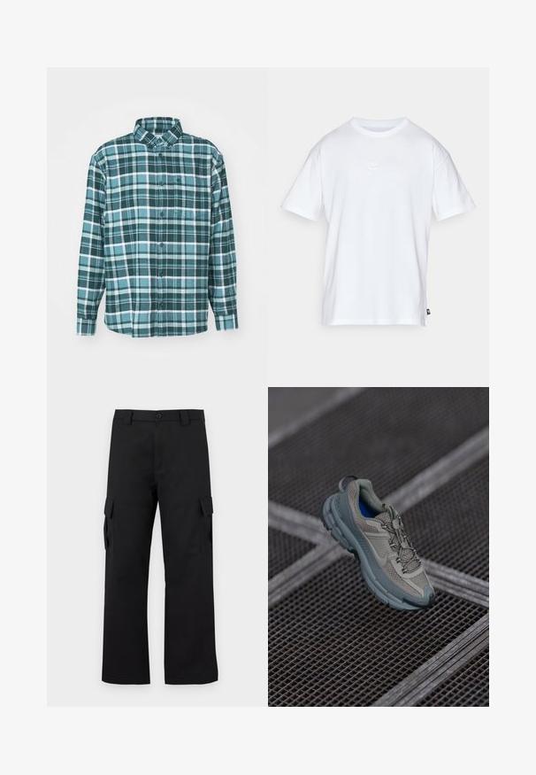 Zaļš un zils raibs flaneļa krekls ar garām piedurknēm, pogu priekšpusi, apkakli un vienu krūšu kabatu. Izgatavots no mīksta, teksturēta auduma.; Balts kokvilnas T-krekls ar īsām piedurknēm un apaļu kakla izgriezumu. Uz krūtīm ir maza, diskrēta Nike logo un sānu birka.; Melni kargo bikses ar taisnu kāju dizainu. Izgatavotas no izturīga auduma, ar divām sānu kabatām ar atloki un pogu aizdari.; Bežīgas un pelēkas sporta kurpes ar teksturētu sieta augšdaļu, noapaļotu purngalu un gumijas zoli, satur šņores un mīkstinātu apkakli.