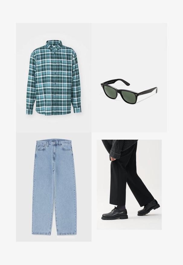 Grün und blau kariertes Flanellhemd mit langen Ärmeln, Knopfleiste, Kragen und einer einzelnen Brusttasche. Hergestellt aus weichem, strukturiertem Stoff.; Weißes Baumwoll-Trägershirt mit Rundhalsausschnitt, breiten Trägern und geradem Saum, das eine glatte Textur aufweist und keine sichtbaren Muster hat.; Hellblaue Jeans aus Denim mit geradem Bein, ausgestattet mit einer mittelhohen Taille, fünf Taschen sowie einem Knopf- und Reißverschluss.; Schwarze Lederschuhe mit einer runden Spitze, Schnürdesign und dicker, strukturierter Sohle. Getragen mit maßgeschneiderten schwarzen Hosen und einem gerippten Pullover.; Schwarze Plastiksonnenbrille mit grünen Gläsern, quadratischen Rahmen, silbernem Akzent auf der Augenbraue und strukturierten Bügeln. Angegebene Marke auf dem inneren Bügel.