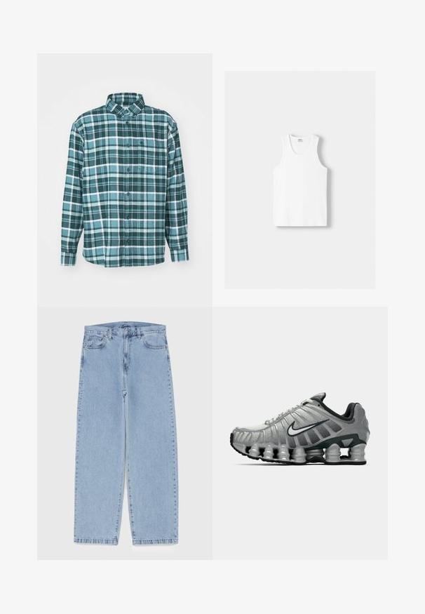 Chemise en flanelle à carreaux verts et bleus avec des manches longues, un boutonnage sur le devant, un col et une poche poitrine simple. Fabriquée en tissu doux et texturé.; Débardeur en coton blanc avec un col rond, de larges bretelles et un ourlet droit, présentant une texture lisse et sans motifs visibles.; Jean en denim bleu clair avec une coupe droite, présentant une taille mi-haute, cinq poches, et une fermeture à bouton et à fermeture éclair.; Chaussure de course Nike grise et noire avec un coussin de type ressort visible sous la semelle et un logo swoosh blanc sur le côté.