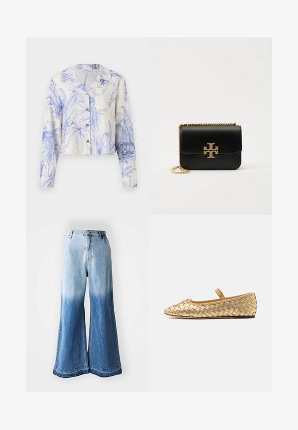 Marella BANJO - Gombos blúz - azzurro polvere; Világoskék, rövid ujjú poloing bordázott textúrával, lapos gallérral és elülső gombolással, hat azonos gombbal.; Világoskék, bővülő fazonú farmernadrág, amelyen világosról sötétre átmenő, elhalványodott színárnyalat található, tűzött szegéllyel és öt zsebes kialakítással.; Loeffler Randall LEONIE SOFT BALLET FLAT - Bokapántos balerina cipők - gold; Fekete bőr kézi táska aranyszínű láncjoggal és logóval. Téglalap alakú, hajtókás fedéllel. Simának mondható textúrával rendelkezik.