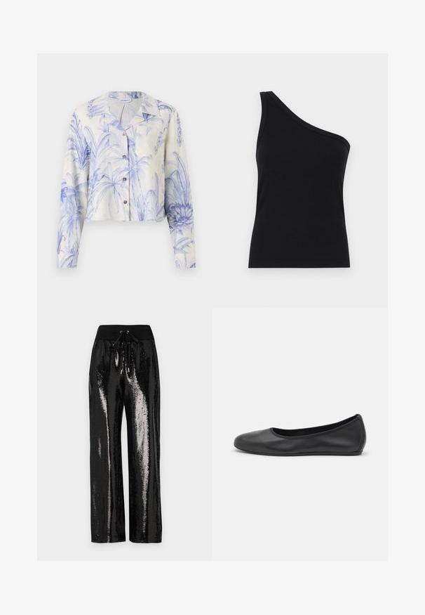 Marella BANJO - Button-down blouse - azzurro polvere; One-shoulder black ribbed tank top with a fitted design and soft texture. Features a clean, minimal cut and smooth neckline.; Black sequined pants with a wide-leg cut and elastic waistband featuring a drawstring. The fabric has a reflective, shiny texture.; Black leather ballet flat with a rounded toe, smooth texture, minimal stitching detail, and a flexible sole design.