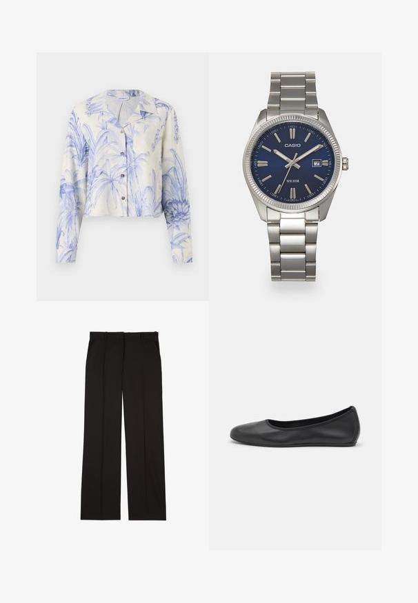 Marella BANJO niebieski; Czarne dopasowane spodnie wykonane z gładkiej tkaniny, charakteryzujące się prostymi nogawkami i dwoma bocznymi kieszeniami. Elegancka i minimalistyczna konstrukcja.; Czarne skórzane baletki z zaokrąglonym noskiem, gładką fakturą, minimalnymi przeszyciami i elastycznym designem podeszwy.; Srebrny zegarek na stalowej bransolecie z niebieską tarczą, metalowymi indeksami godzinowymi oraz okienkiem daty na godzinie 3. Wodoodporny do 50 metrów.