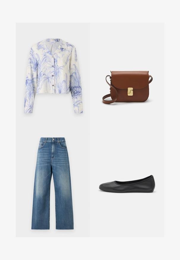 Marella BANJO - Overhemdblouse - azzurro polvere; Hooggeriye, wijde spijkerbroek van blauw denim met een vervaagde afwerking. Kenmerken zijn onder andere voorzakken en een enkele knoopsluiting.; Zwarte leren ballerina met een ronde neus, gladde textuur, minimale stikdetails en een flexibele zoolontwerp.; Bruine leren handtas met een klep sluiting, gouden hardware, een schouderband en een gladde textuur. Compact rechthoekige vorm.