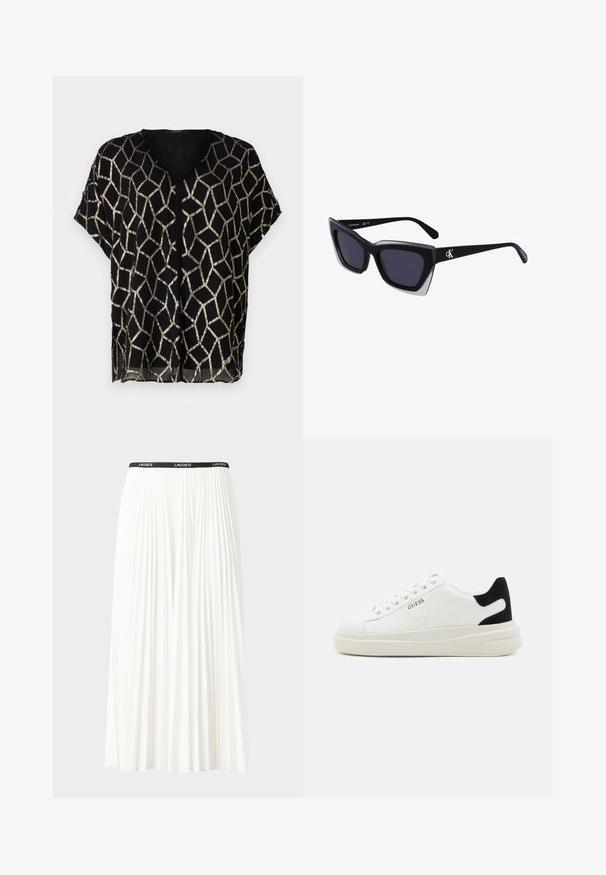 Sort kortærmet bluse med V-hals, der har et geometrisk guldmetallic mønster på en gennemsigtig stof. Let og løstsiddende design.; Plisseret hvid nederdel med en sort elastisk talje, der har "LACOSTE"-logoet. Mellemlang design med blød tekstur.; Hvide lædersneakers med en tyk hvid sål, sort ruskindhælvægt og prægede logoer på siden. Snørebåndsdesign med seks øjer.; Store sorte oversized solbriller med geometrisk form, med mørke linser og en kontrasterende grå detalje på stellet. Logo på armen.; Sølv hoop øreringe med en glat, skinnende overflade. Rundet form, letvægtsdesign med post-back lukning.