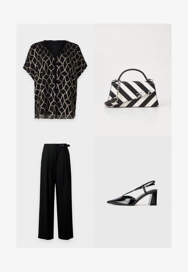 Crna bluzica kratkih rukava s V-izrezom, koja ima geometrijski zlatni metalik uzorak na prozirnoj tkanini. Lagani i ležerni kroj.; Crne široke hlače s visokim strukom, nabranima sprijeda i remenom s kopčom. Izrađene od glatkog, laganog materijala.; Crne lakirane kožne cipele s otvorenom petom, visoke potpetice, šiljastog prsta, podesivom trakom i debelim pravokutnim potplatom.; Crno-bijela prugasta torba s čvrstim oblikom, koja ima ručku na vrhu, odvojivu lančanu naramenicu i metalni logo akcent.