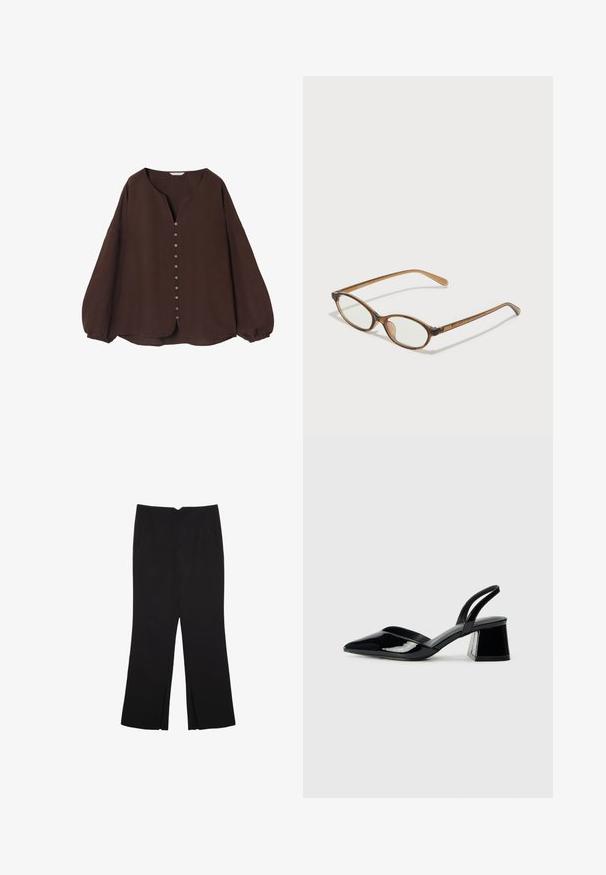 Haut brun à manches longues en matériau texturé avec un décolleté en V et une patte de boutonnage sur le devant, présentant des manches froncées et un ourlet arrondi.; Pantalon noir avec une coupe droite, doté de poches avant et d'éclairs sur l'ourlet. Fabriqué en tissu doux et lisse. Convient à diverses occasions.; Escarpins en cuir verni noir avec bout pointu et talon bloc géométrique. Présente un design élégant et minimaliste ainsi qu'une texture lisse.; Lunettes en écaille de tortue marron avec des verres ovales, des branches fines et des accents transparents. Présente un logo subtil sur la branche. Design élégant et léger.; Sac hobo en cuir noir avec une texture lisse, une forme incurvée et une seule sangle réglable ; dispose d'une large ouverture en haut.